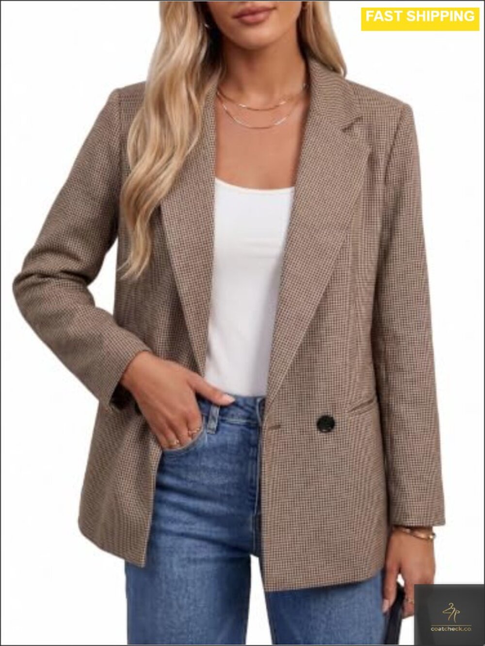 Herringbone Tweed Blazer Jacket Double Breasted Notched Lapel Business Casual